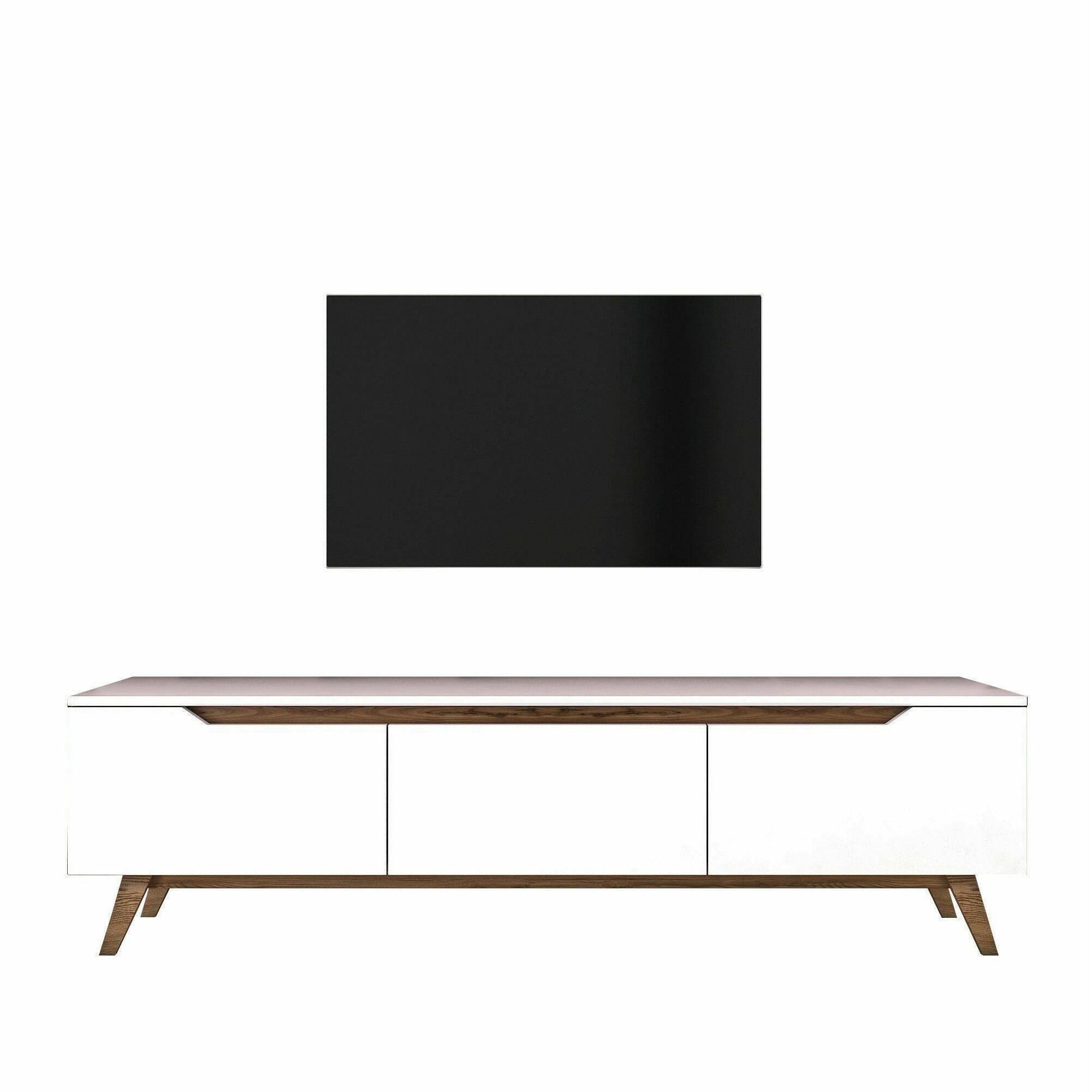 Mobile porta TV Apatite, Credenza da soggiorno, Armadio basso per TV, Base parete attrezzata, 180x35h49 cm, Bianco e Noce