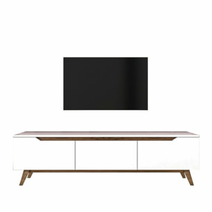 Mobile porta TV Apatite, Credenza da soggiorno, Armadio basso per TV, Base parete attrezzata, 180x35h49 cm, Bianco e Noce