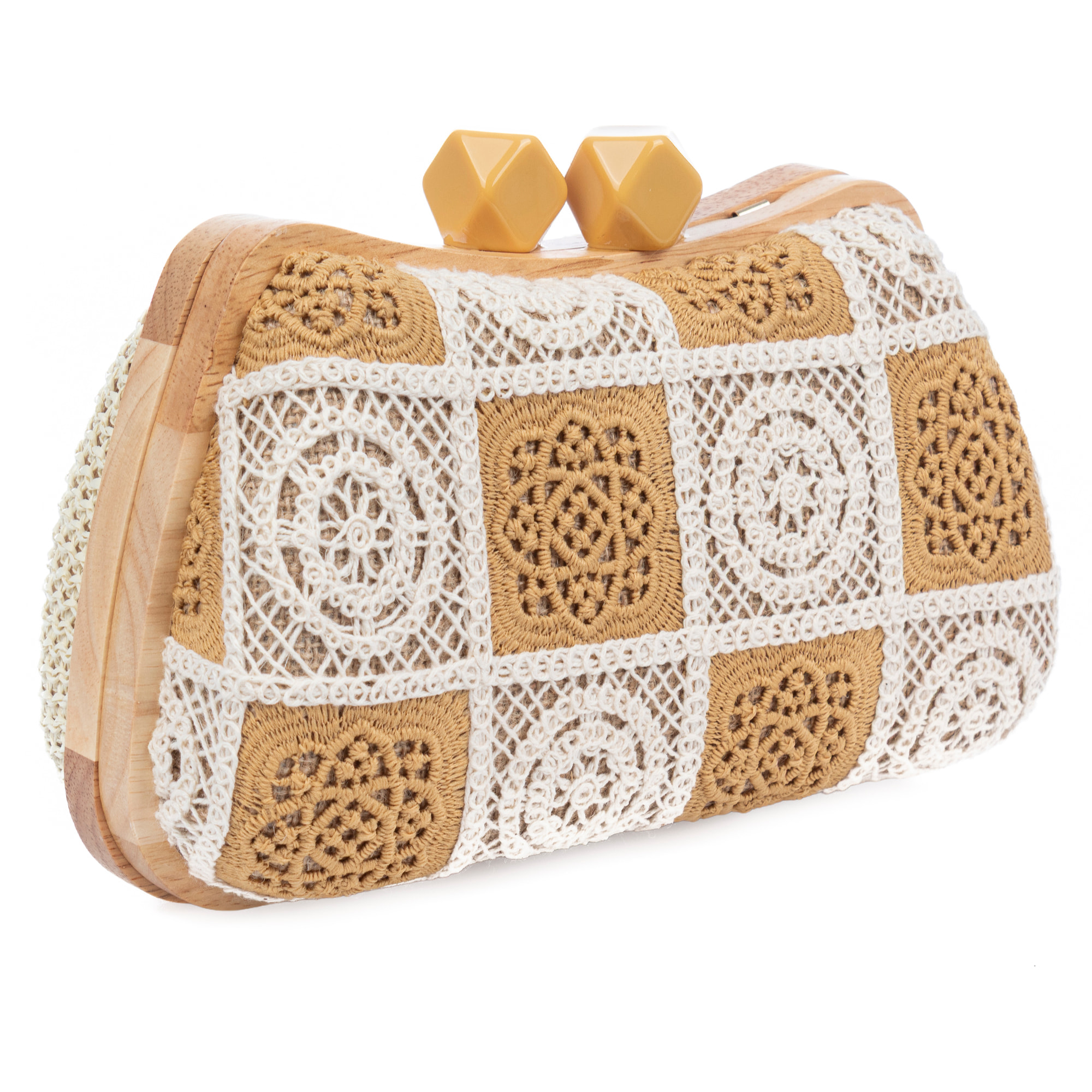 Bonamico Bolso bandolera Mujer. Fabricado en madera natural, algodón y paja trenzada.