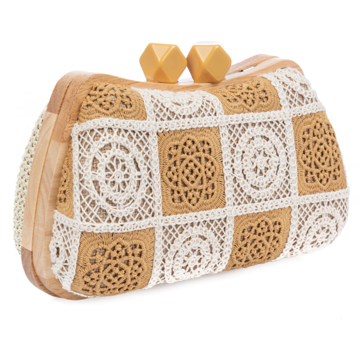 Bonamico Bolso bandolera Mujer. Fabricado en madera natural, algodón y paja trenzada.