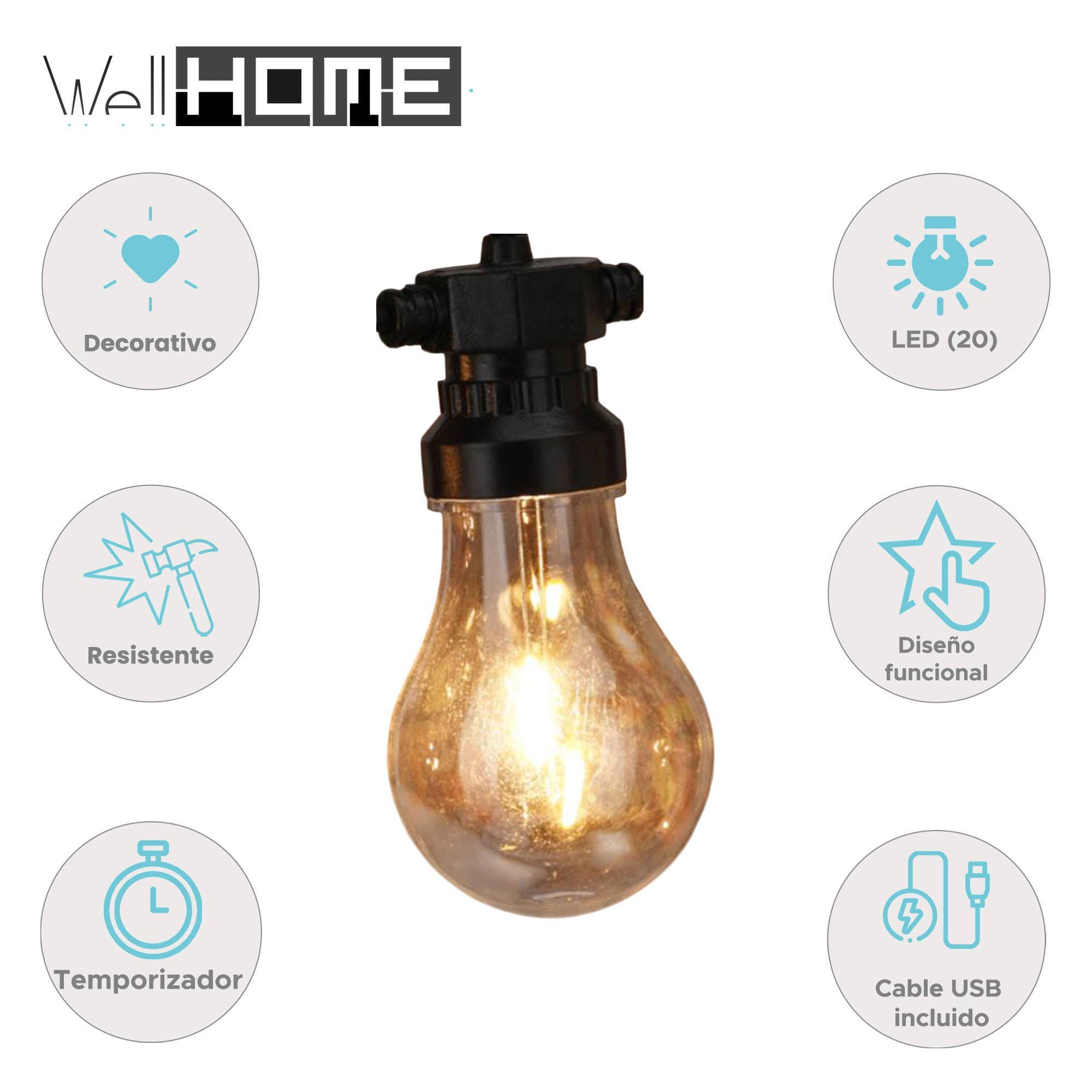 guirnalda con 20 luces led en blanco cálido y cable conductor