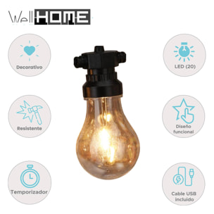 guirnalda con 20 luces led en blanco cálido y cable conductor