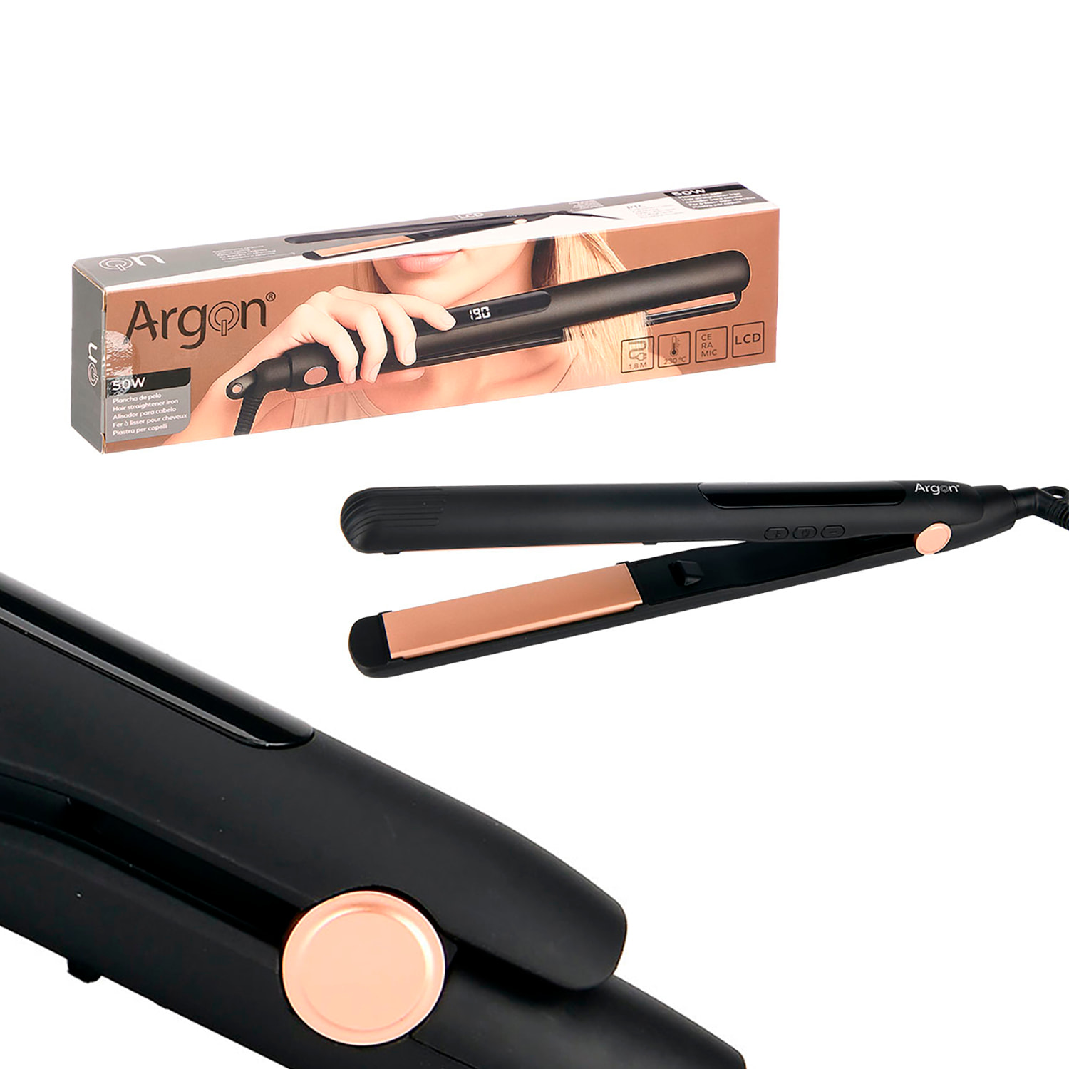 Piastra per capelli in ceramica con schermo LCD. 50W con 4 livelli di temperatura.