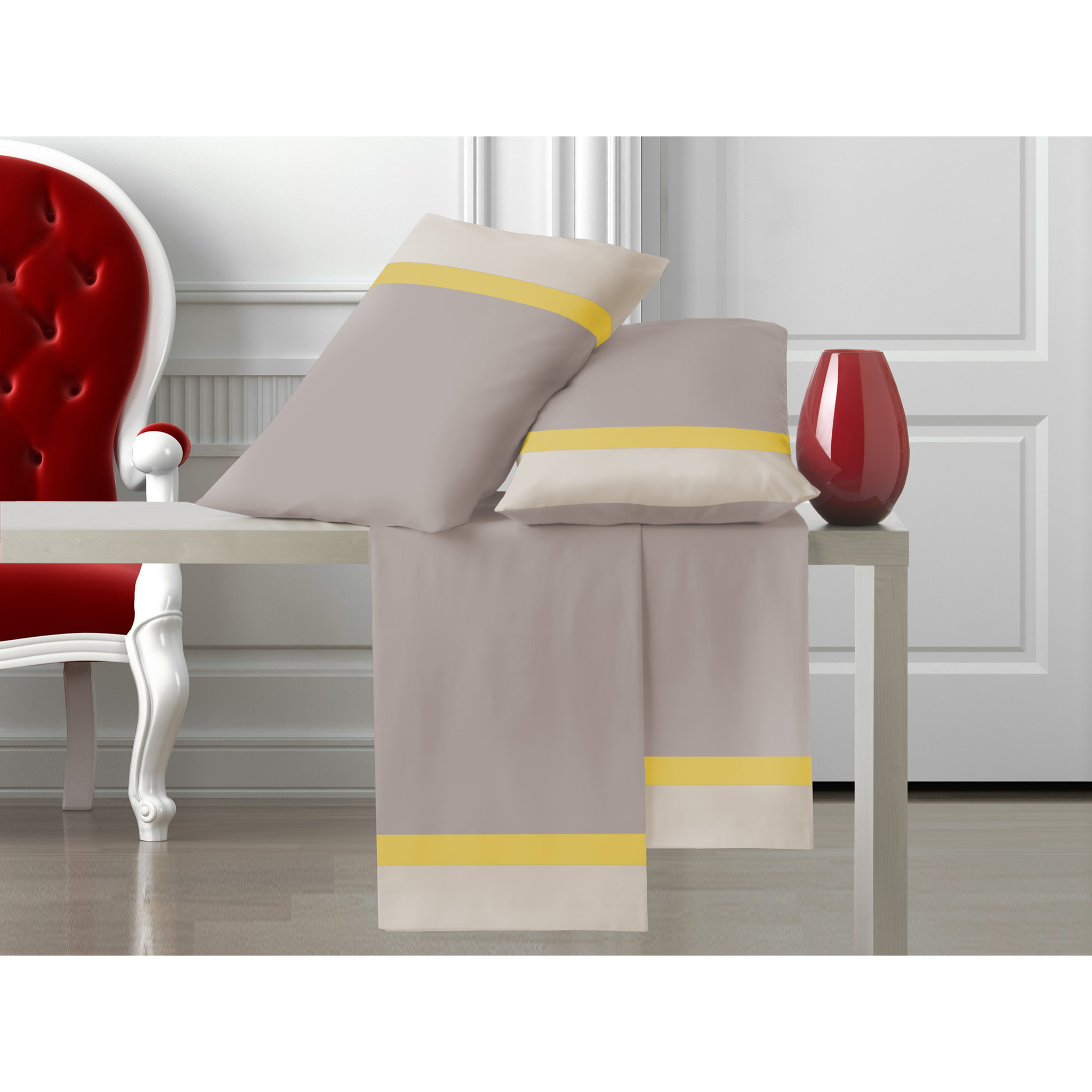 Completo letto doppia balza RASO IPERSAN Puro Cotone Panna/Ocra fondo Tortora