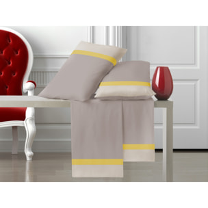 Completo letto doppia balza RASO IPERSAN Puro Cotone Panna/Ocra fondo Tortora