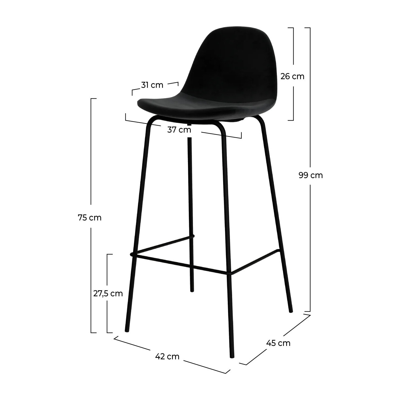 Lot de 2 chaises de bar en velours noir 75 cm - Henrik