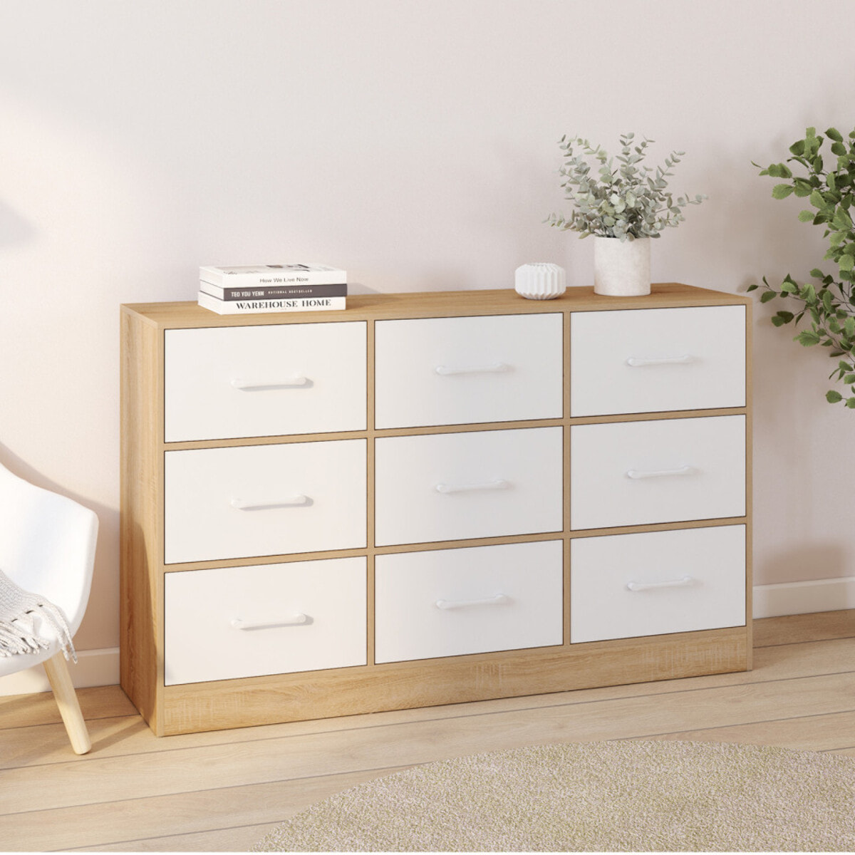 Commode Uma 9 tiroirs bois et blanc