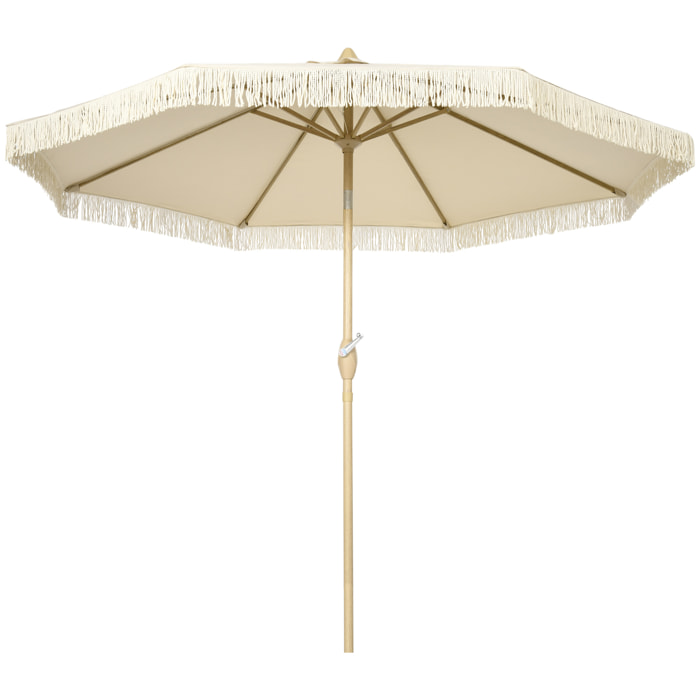 Sombrilla Terraza Exterior, Ø265x244 cm, Sombrilla de Jardín con Ángulo Ajustable, Manivela, Flecos de Estilo Boho, Impermeable, Parasol para Patio, Terraza, Crema