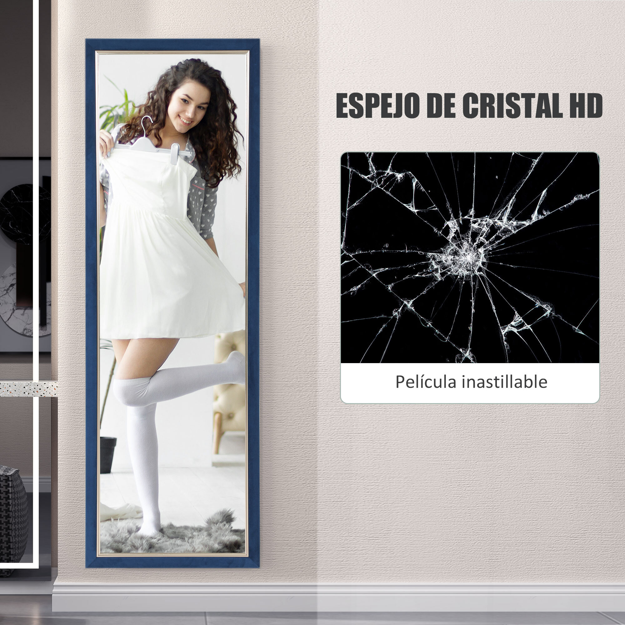 Espejo de Cuerpo Entero 150x50 cm Espejo de Pie o de Pared con Marco en Terciopelo y Soporte para Salón Dormitorio Azul