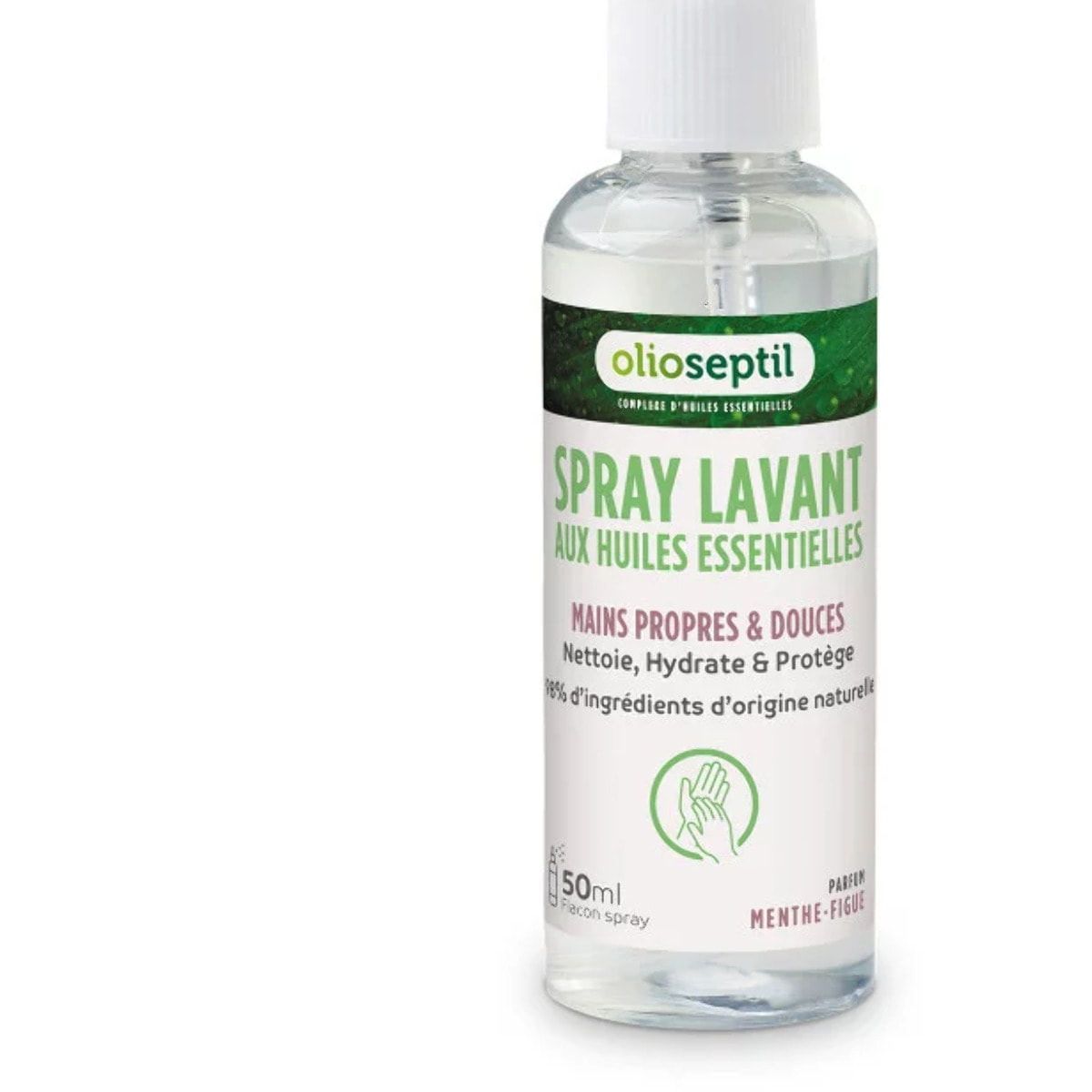 OLIOSEPTIL - Spray Lavant aux Huiles Essentielles - Mains propres et douces - 98% d'ingrédients d'origine naturelle - Nettoie, hydrate & protège - Sans rinçage - Parfum Menthe-Figue - Spray 50 ml