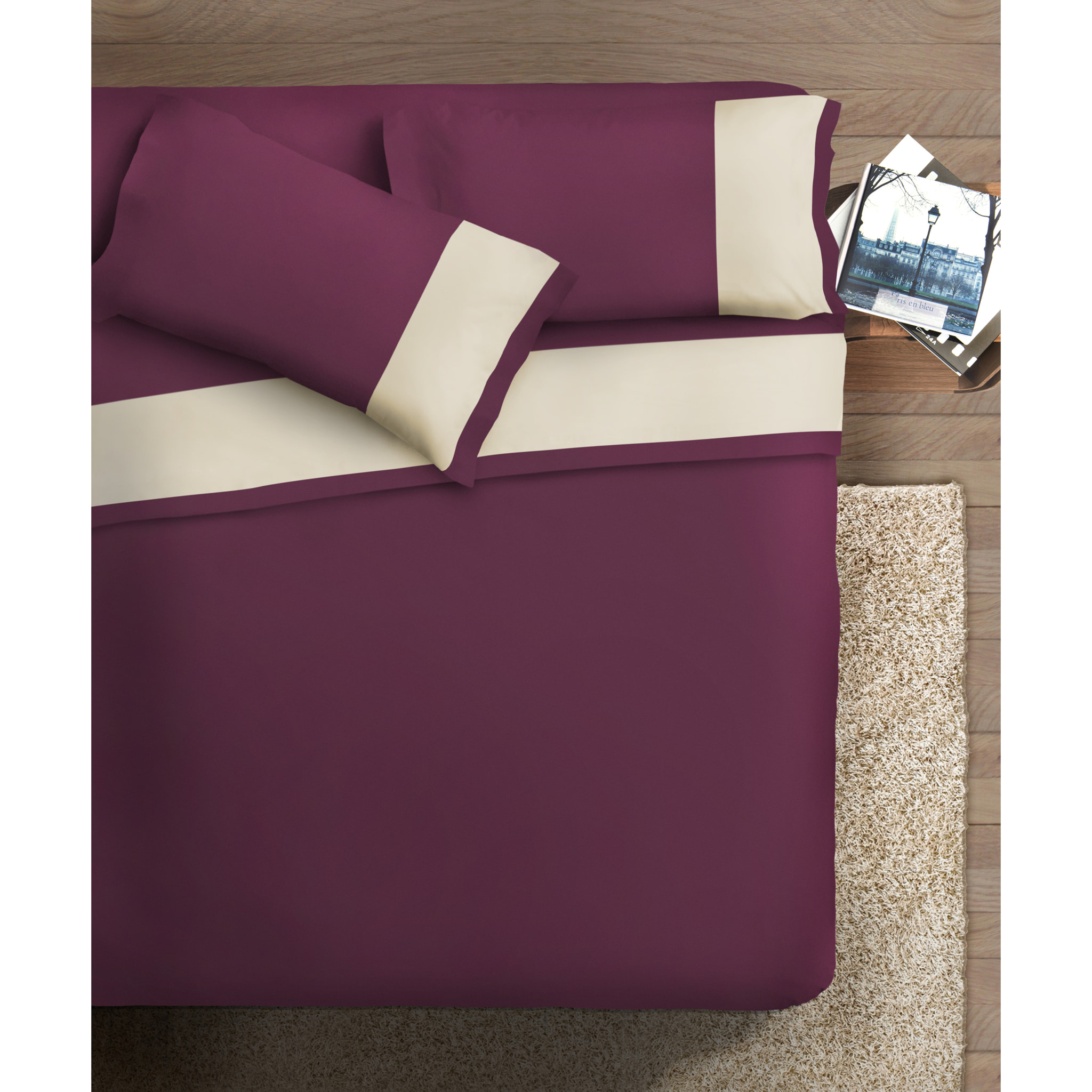 Completo letto bordo RASO IPERSAN Puro Cotone Panna fondo Prugna
