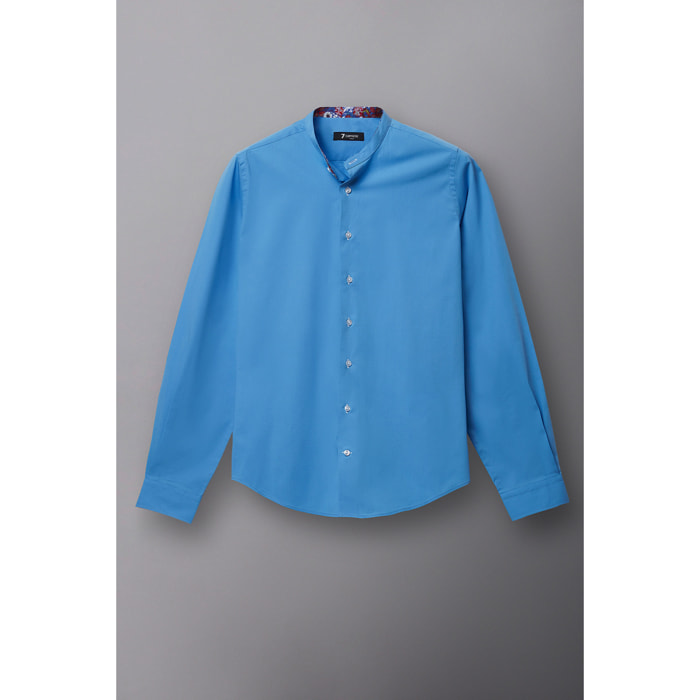 Camicia Uomo Coreano Slim Popeline Stretch Unito Celeste Medio