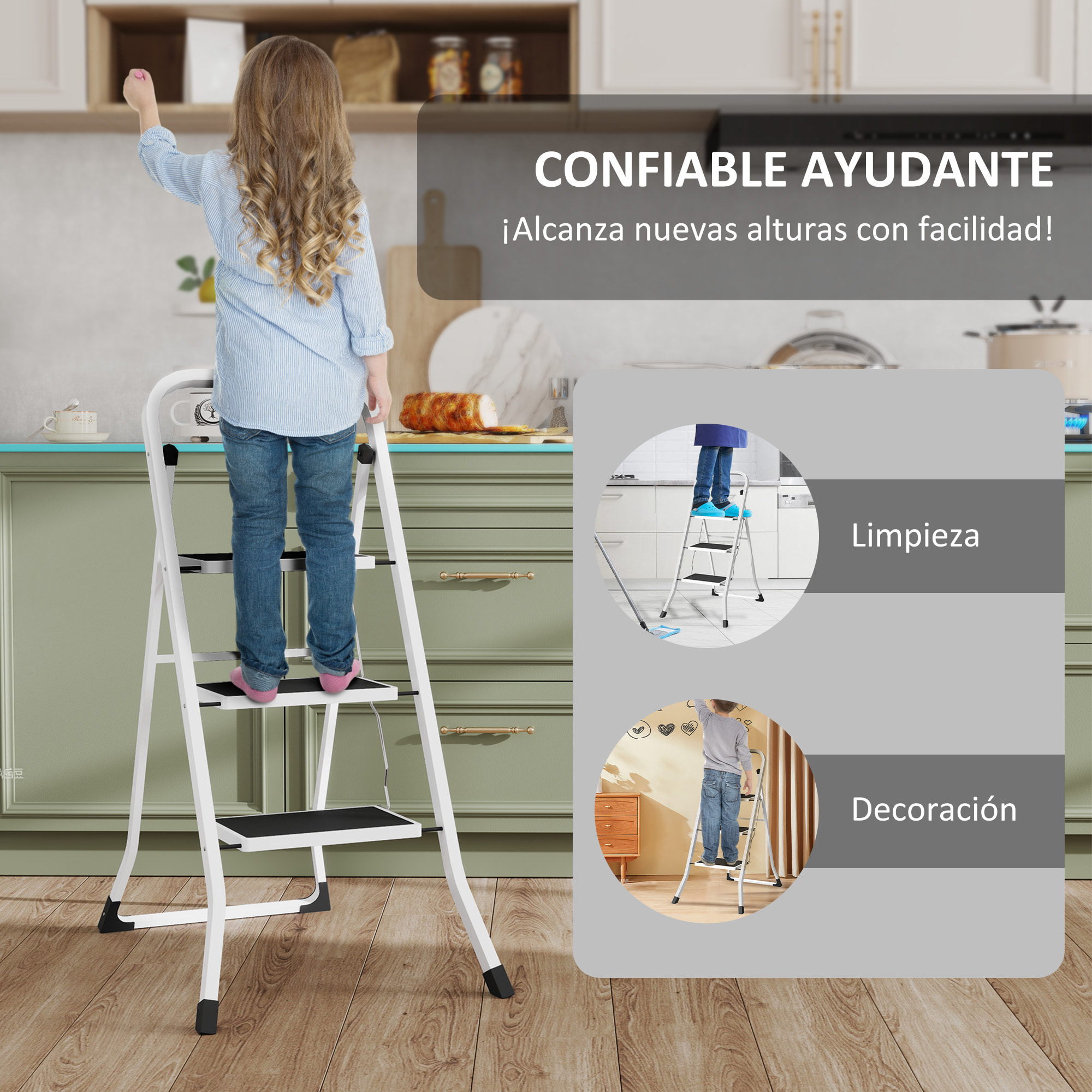 Escalera Plegable de 3 Peldaños Escalera de Tijera Carga hasta 150 kg con Pedal Antideslizante Fácil de Guardar y Transportar para Hogar Cocina Oficina Blanco