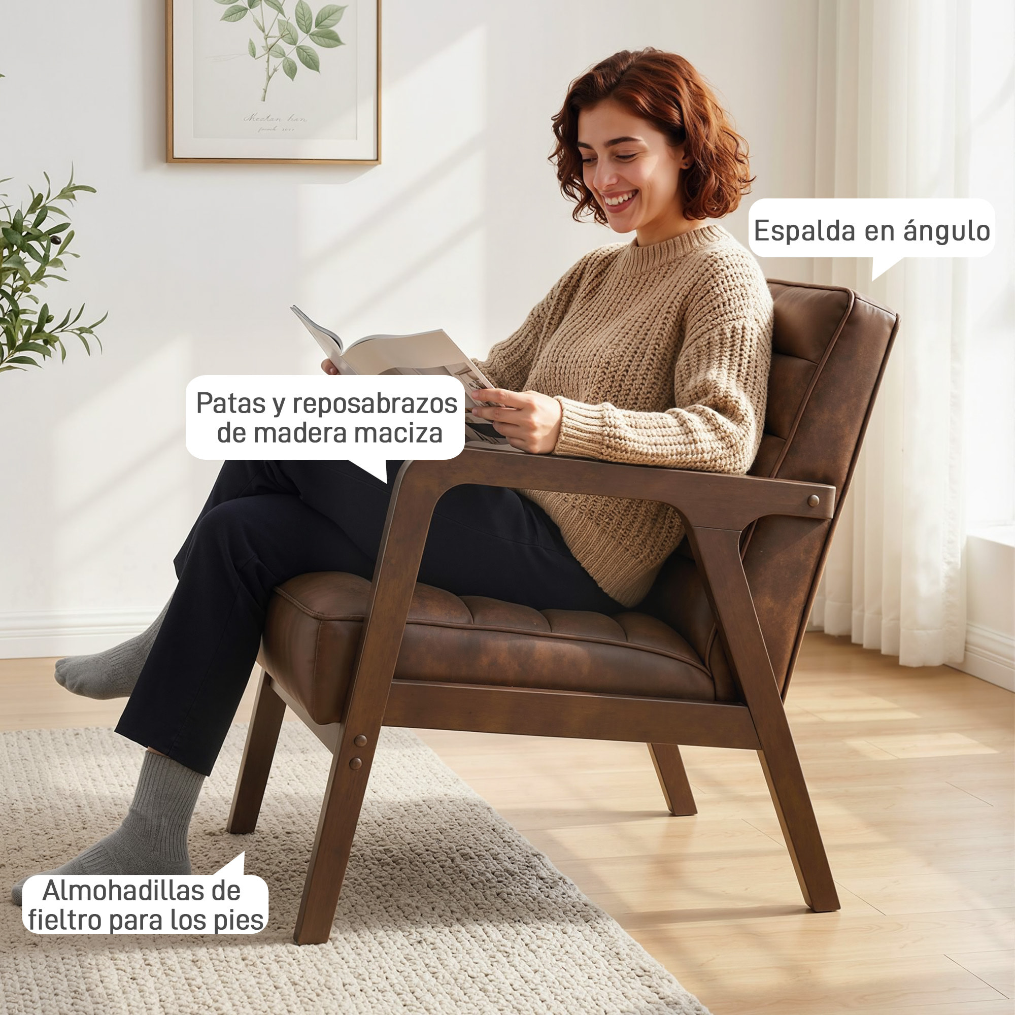 Butaca de Salón, Tapizado en PU, Sillón Lectura con Marco de Madera Maciza, Asiento Acolchado, Asiento Amplio, Butaca para Sala de Estar, Dormitorio, Marrón