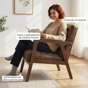 Butaca de Salón, Tapizado en PU, Sillón Lectura con Marco de Madera Maciza, Asiento Acolchado, Asiento Amplio, Butaca para Sala de Estar, Dormitorio, Marrón