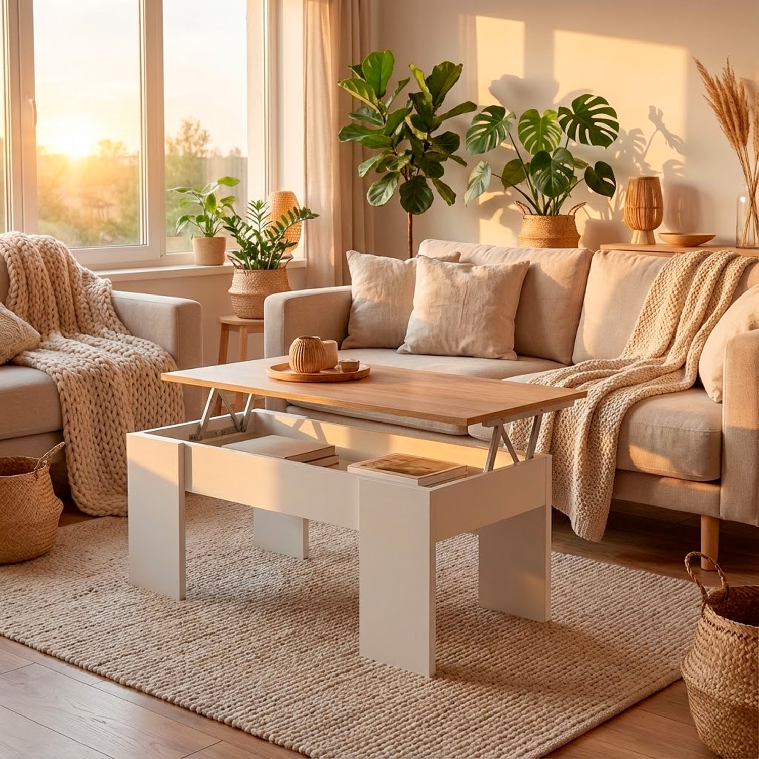 Tavolino da Salotto Alzabile Con Vano Contenitore Tavolo Multifunzione Salvaspazio Soggiorno Piano Sollevabile 100 x 50 x 54–56 cm Bianco E Rovere