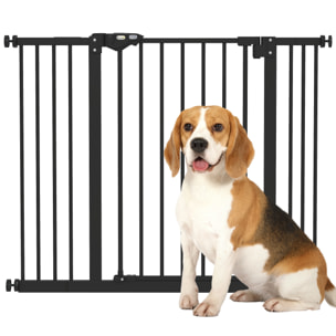 Barrera de Seguridad para Perros Extensible 74-100 cm, para Puertas y Escaleras, Barrera para Perros Medianos, Cierre Automático Montaje a Presión Doble Bloqueo 2 Extensiones 7/14 cm, Negro