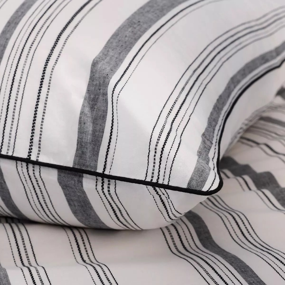 Lot h.couette +taies pur coton lavé tissé teint rayé anthracite noir Portland granit
