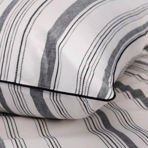Lot h.couette +taies pur coton lavé tissé teint rayé anthracite noir Portland granit