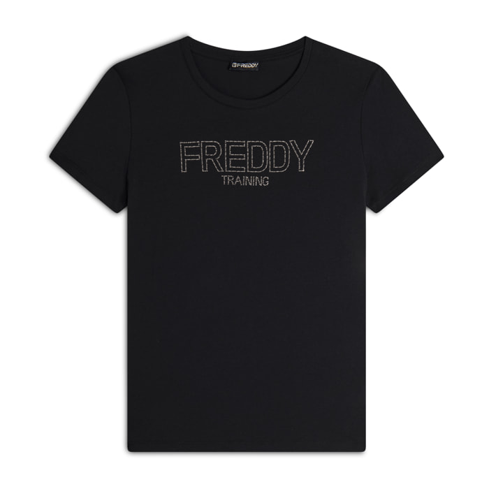 T-shirt donna in jersey con logo composto da borchie