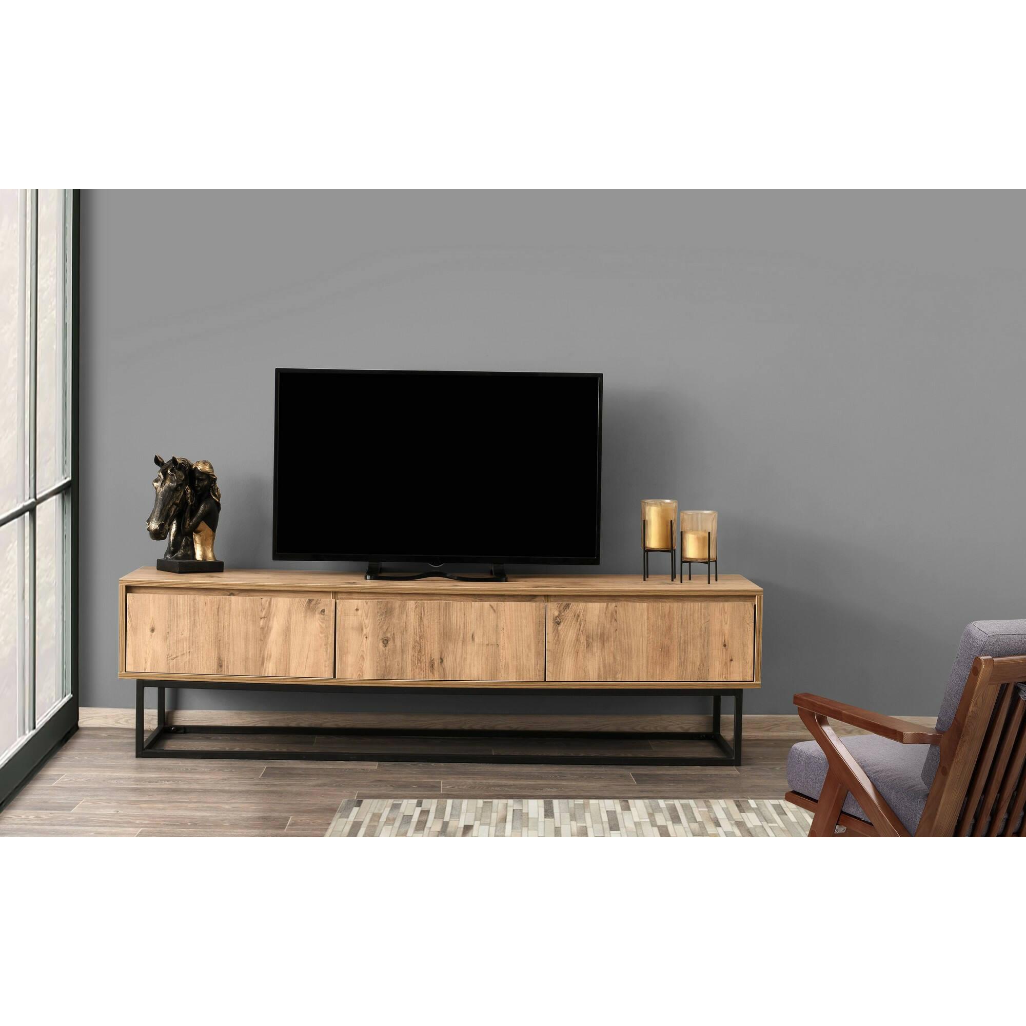 Mobile porta TV Dpinat, Credenza da soggiorno, Armadio basso per TV, Base parete attrezzata, 180x40h50 cm, Quercia e Nero