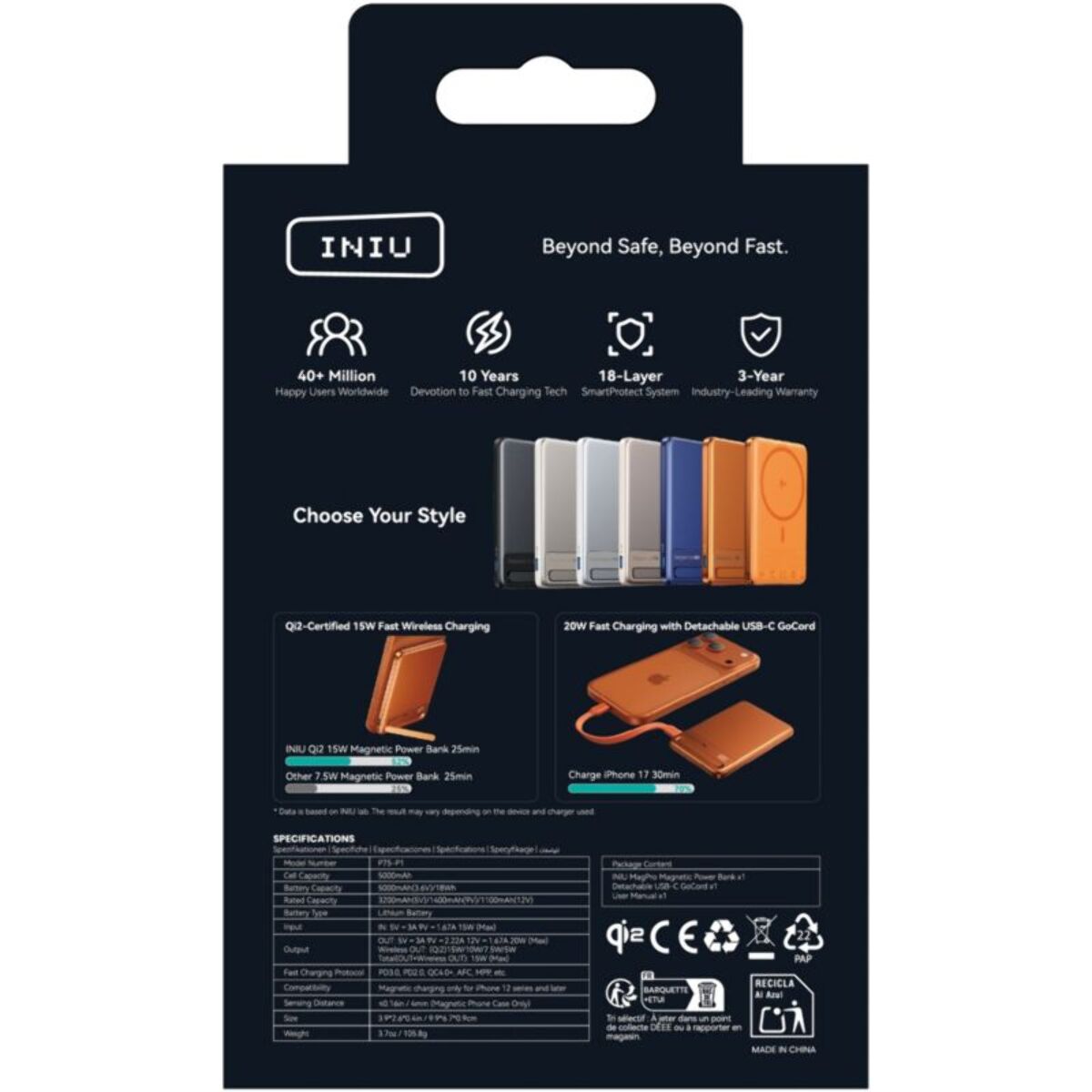 Batterie externe INIU 5000 mAh Magnet Qi2 MagPro slim orange