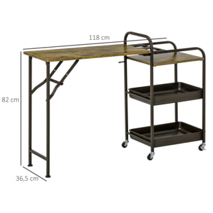 HOMCOM Carro de Cocina con Ruedas Carrito Auxiliar con Estantes de 3 Niveles Hoja Abatible y 2 Portavasos Multiusos para Comedor 118x36,5x82 cm Marrón Rústico