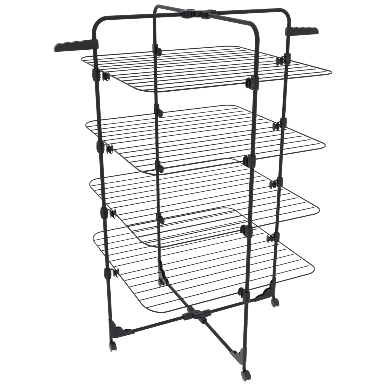 Stendibiancheria Da Pavimento Con Rotelle Stendino A Torre Verticale In Acciaio 4 Ripiani 2 Appendi Grucce Pieghevole 168.5x71x71 Cm Nero Opaco