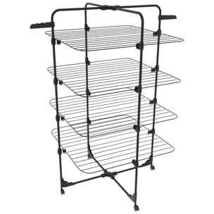 Stendibiancheria Da Pavimento Con Rotelle Stendino A Torre Verticale In Acciaio 4 Ripiani 2 Appendi Grucce Pieghevole 168.5x71x71 Cm Nero Opaco