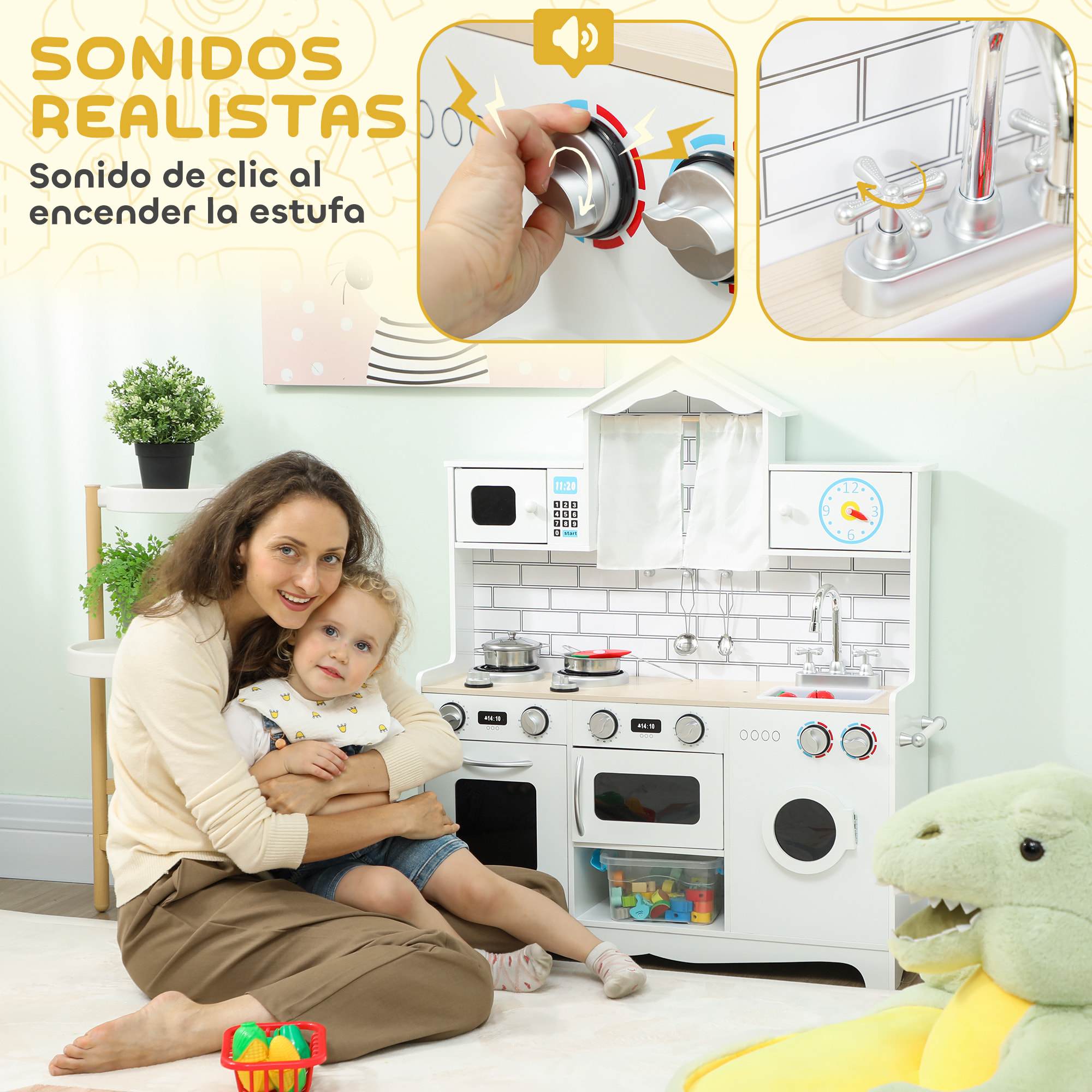 Cocina de Juguete de Madera con Sonido y Cortinas, Cocinita Infantil con Accesorios de Acero Inoxidable, Lavadora, Microondas, Fregadero, Juguetes para Niños a Partir de 3 Años, Blanco