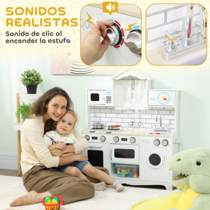 Cocina de Juguete de Madera con Sonido y Cortinas, Cocinita Infantil con Accesorios de Acero Inoxidable, Lavadora, Microondas, Fregadero, Juguetes para Niños a Partir de 3 Años, Blanco
