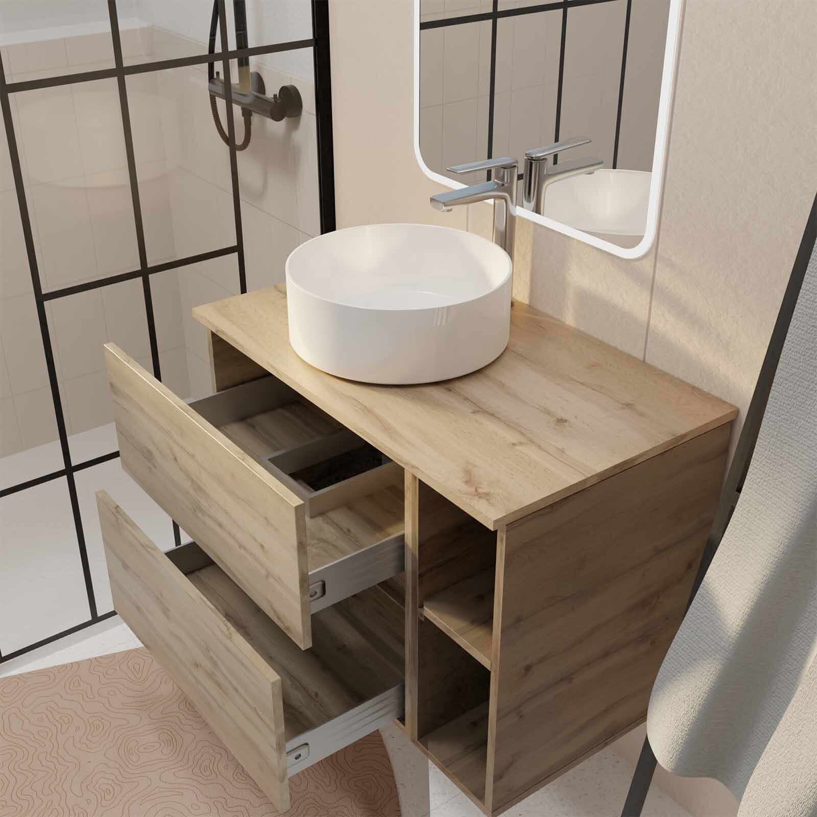 Meuble salle de bains 80 TIMBER Décor Chêne Tiroirs + Module - Vasque Blanche - Miroir 60x80 LED