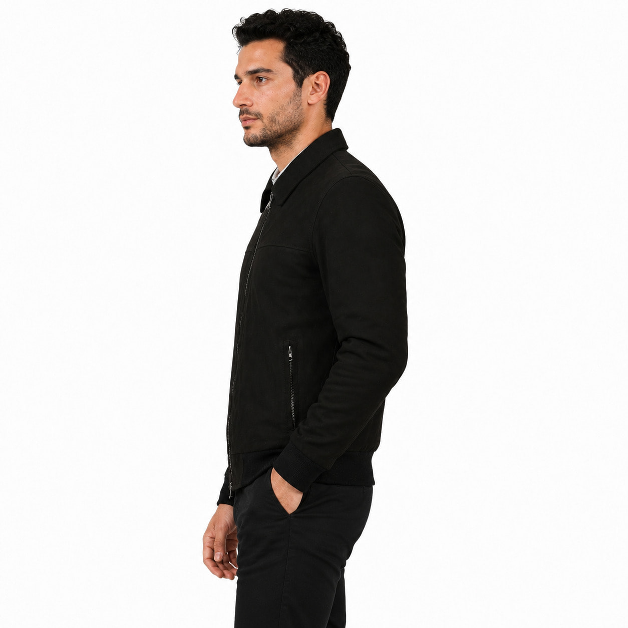 Giubbino in vera pelle di vitello scamosciata Nero-Slim Fit