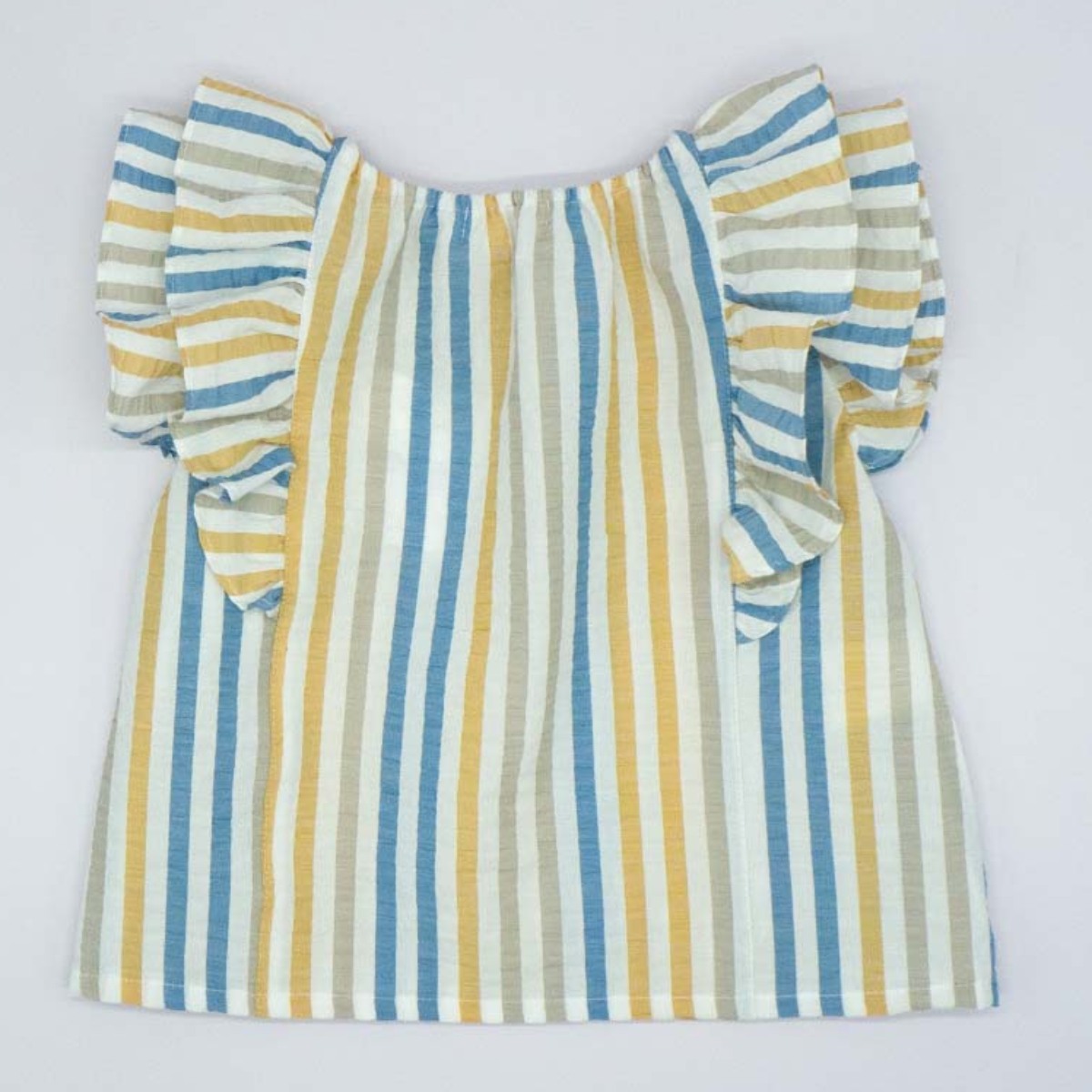 BLUSA CON DOBLE VOLANTE RAYA AZUL BEIGE Y AMARILLA