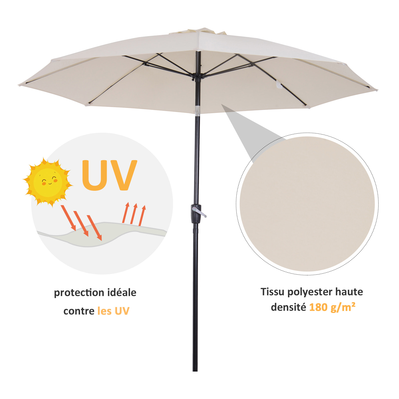 Parasol inclinable aluminium fibre de verre polyester diamètre 2,65 m coloris crème