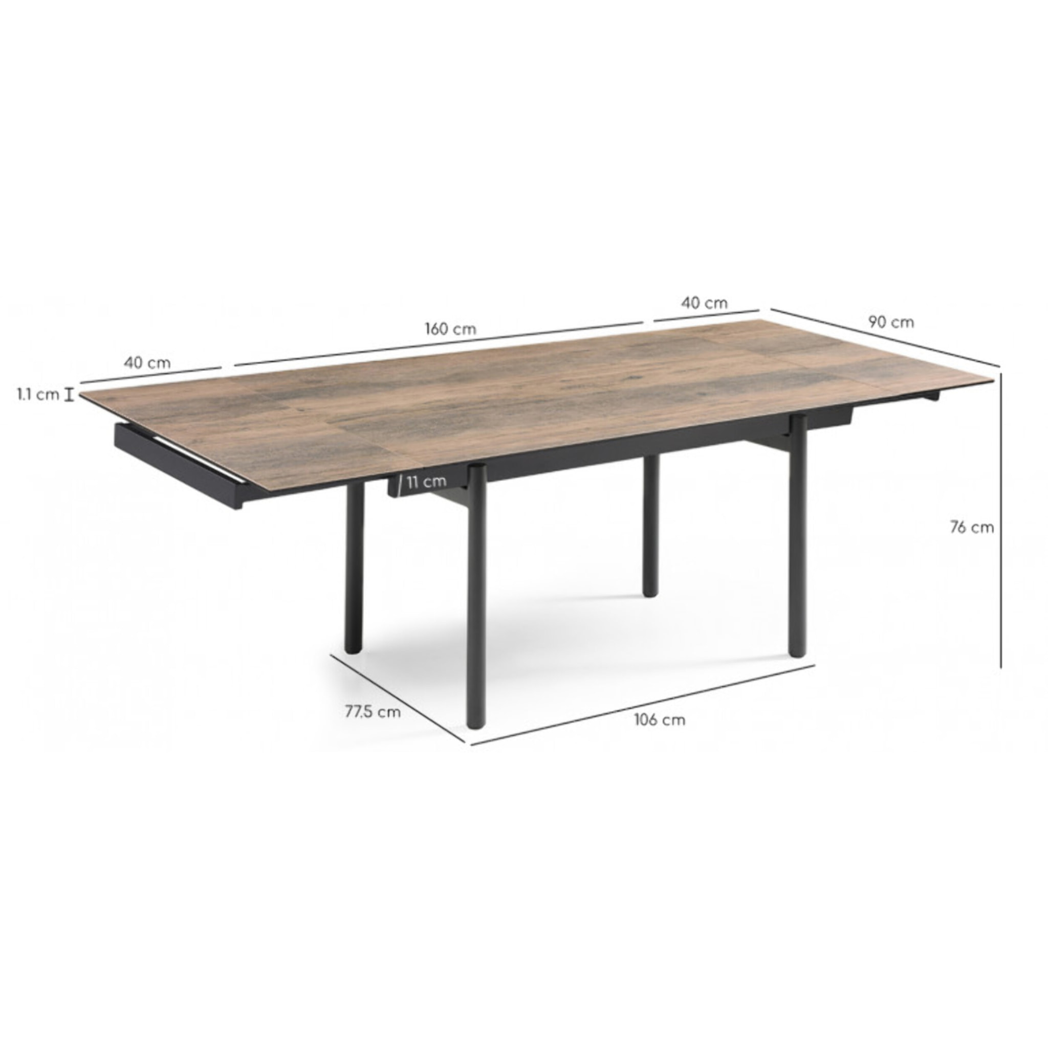 Table extensible en céramique finition bois L160/240cm pieds métal - UNIK