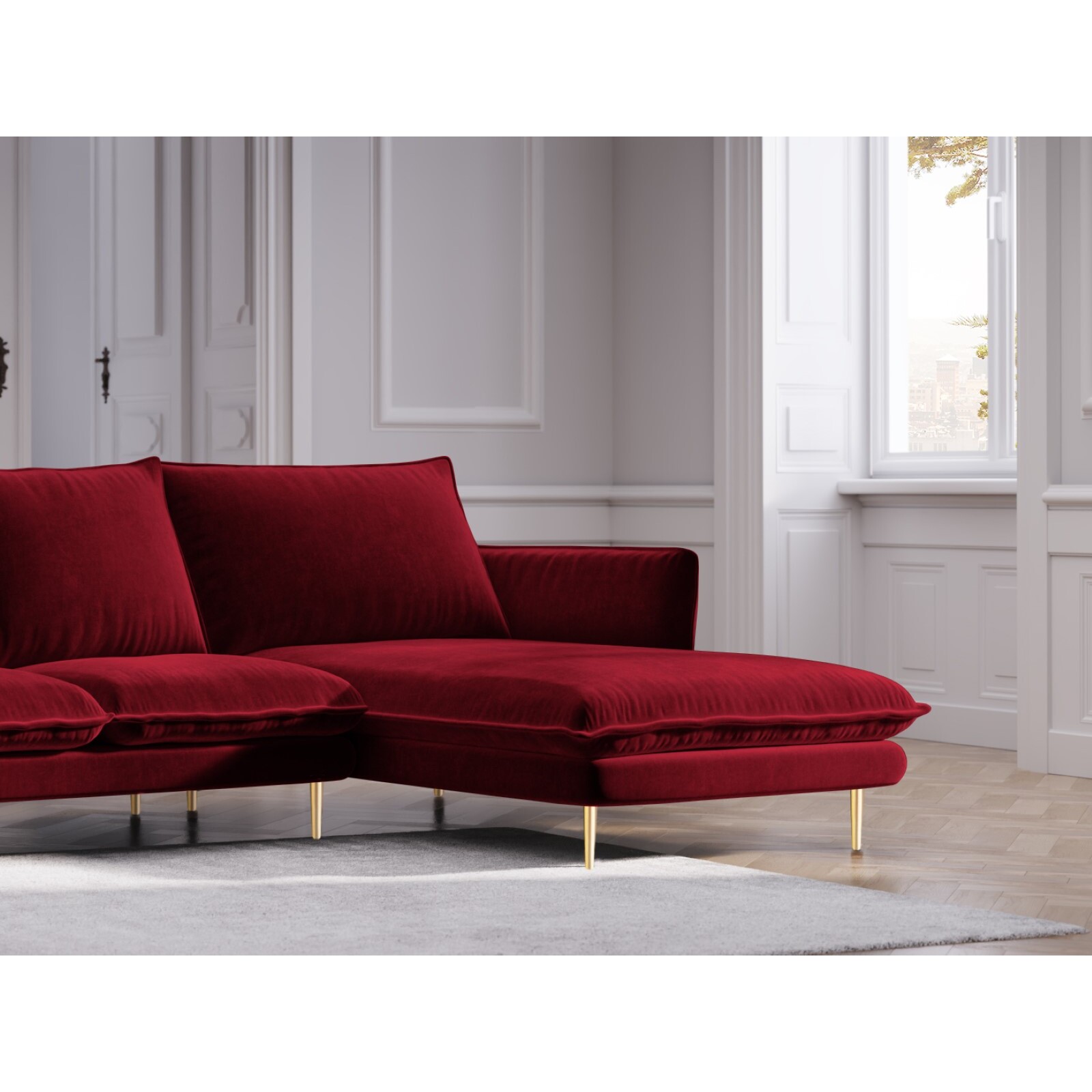 Canapé d'angle droit "Vienna" 5 places en velours rouge