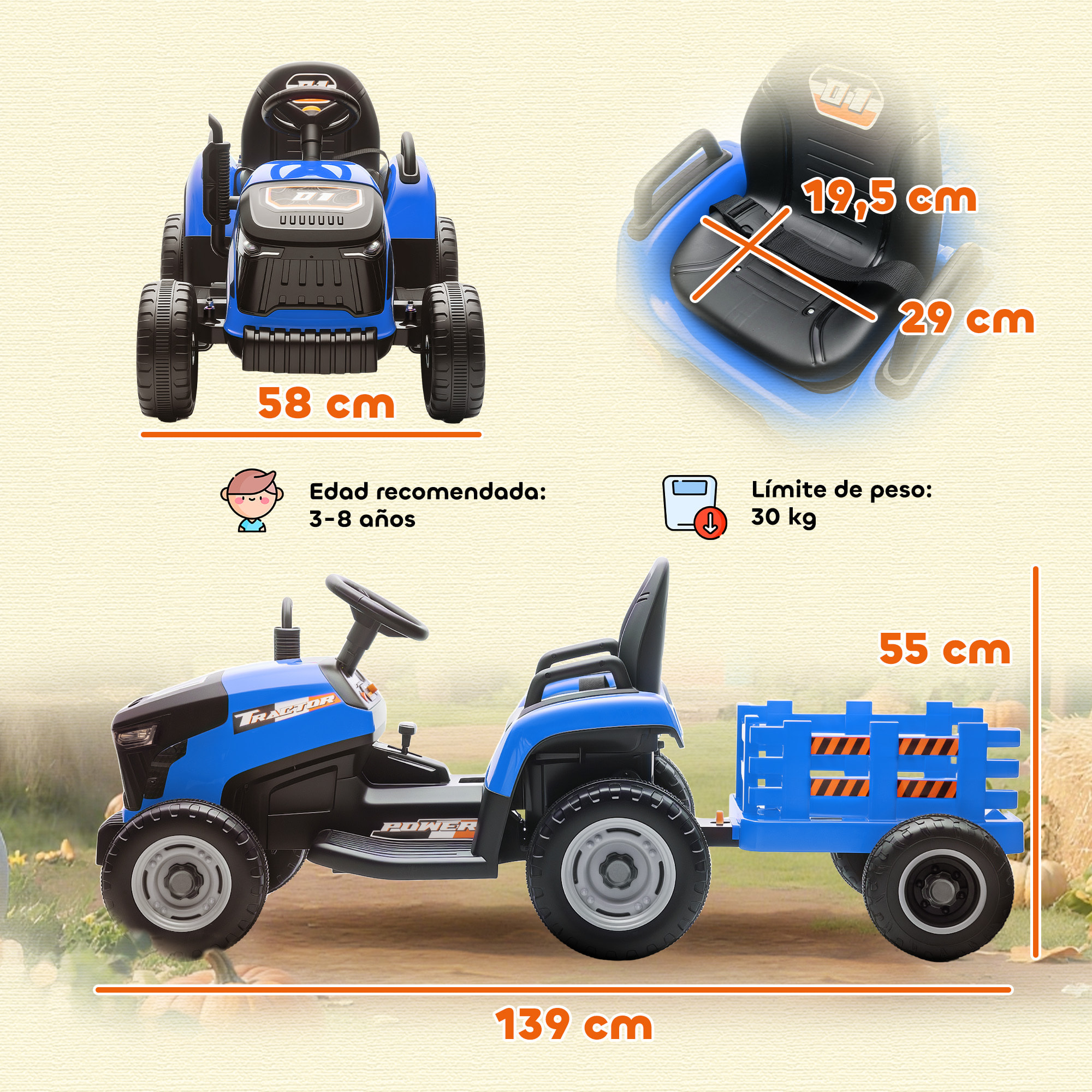 Tractor Eléctrico para Niños con Remolque Desmontable, Tractor de Juguete de Batería 12V, Velocidad 3-5 km/h, Control Remoto 2,4G, Música, Bocina, para Niños de 3-8 Años, Azul