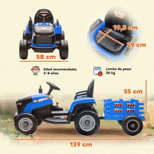 Tractor Eléctrico para Niños con Remolque Desmontable, Tractor de Juguete de Batería 12V, Velocidad 3-5 km/h, Control Remoto 2,4G, Música, Bocina, para Niños de 3-8 Años, Azul