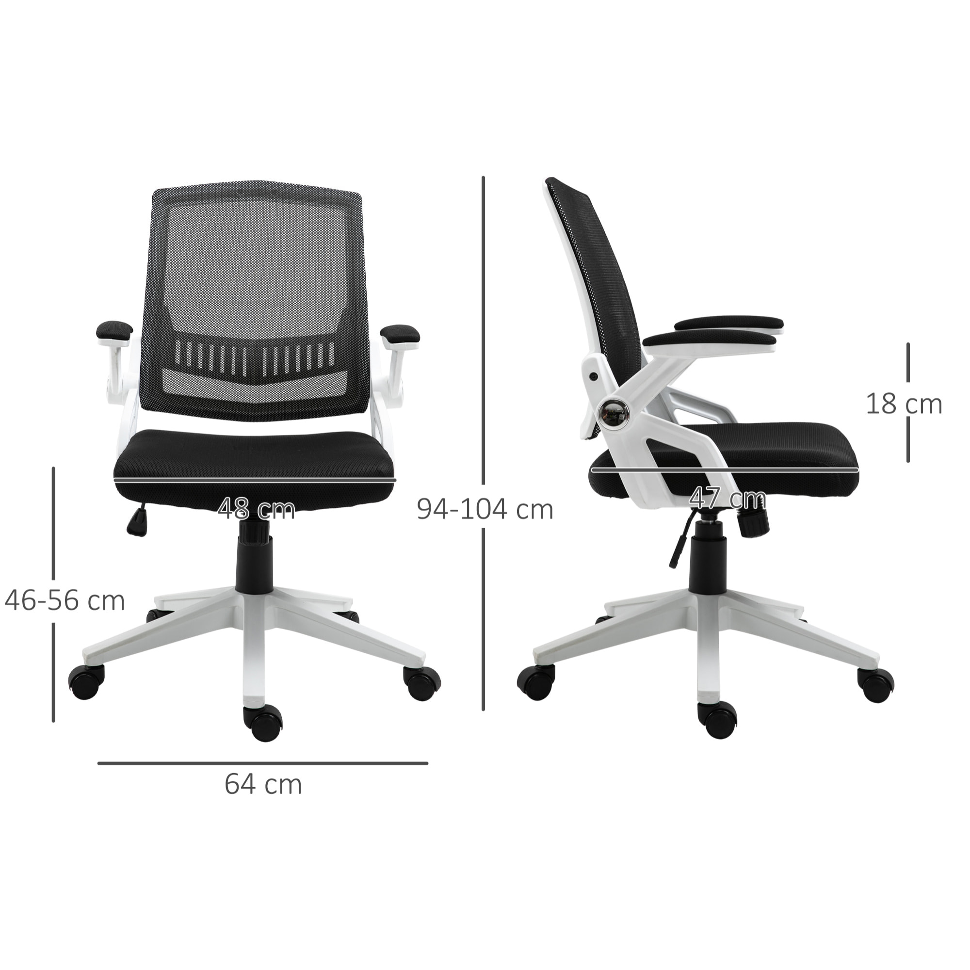 Silla de Oficina Ergonómica Silla de Juvenil con Altura Ajustable Reposabrazos Abatibles Soporte Lumbar y Respaldo Malla Transpirable 61x61x94-104 cm Negro