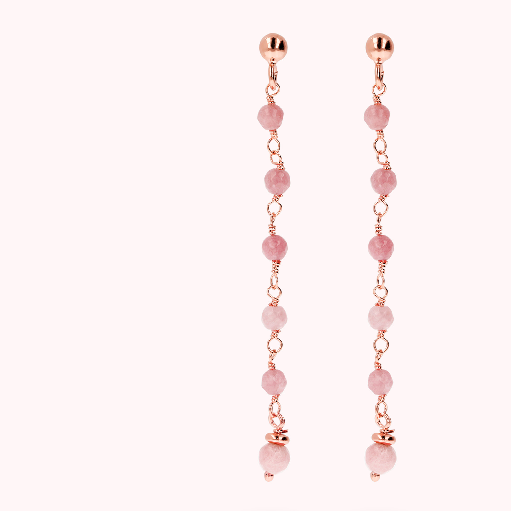 Orecchini Rosario Pendenti a Filo con Pietre Naturali Quarzo Rosa