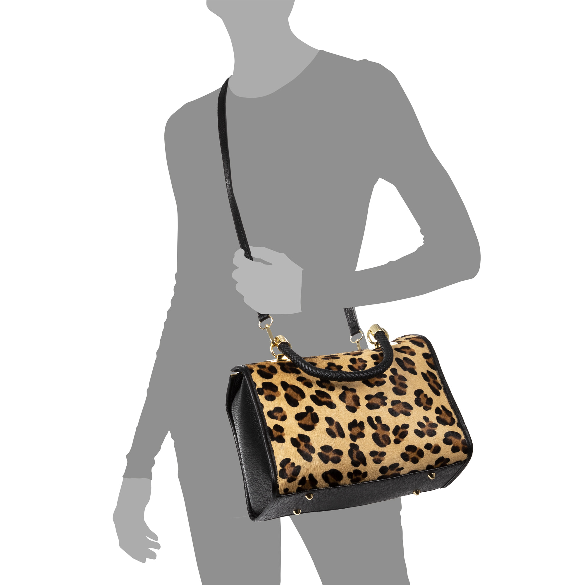 Catena Borsa tote Donna.Pelle autentica Cavallino Leopardo Grande Dollaro
