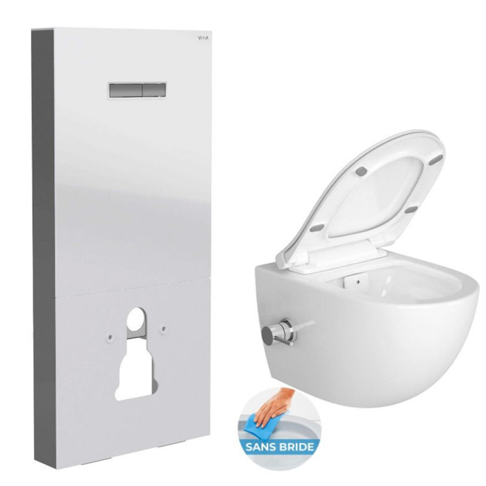 Pack WC Bâti support en verre trempé/aluminium brossé avec plaque intégrée, Blanc + WC sans bride SAT, fonction bidet