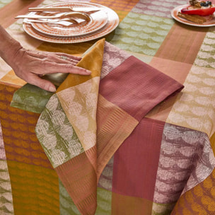 Serviette pur coton motif jacquard vert orange Mille halos prunus