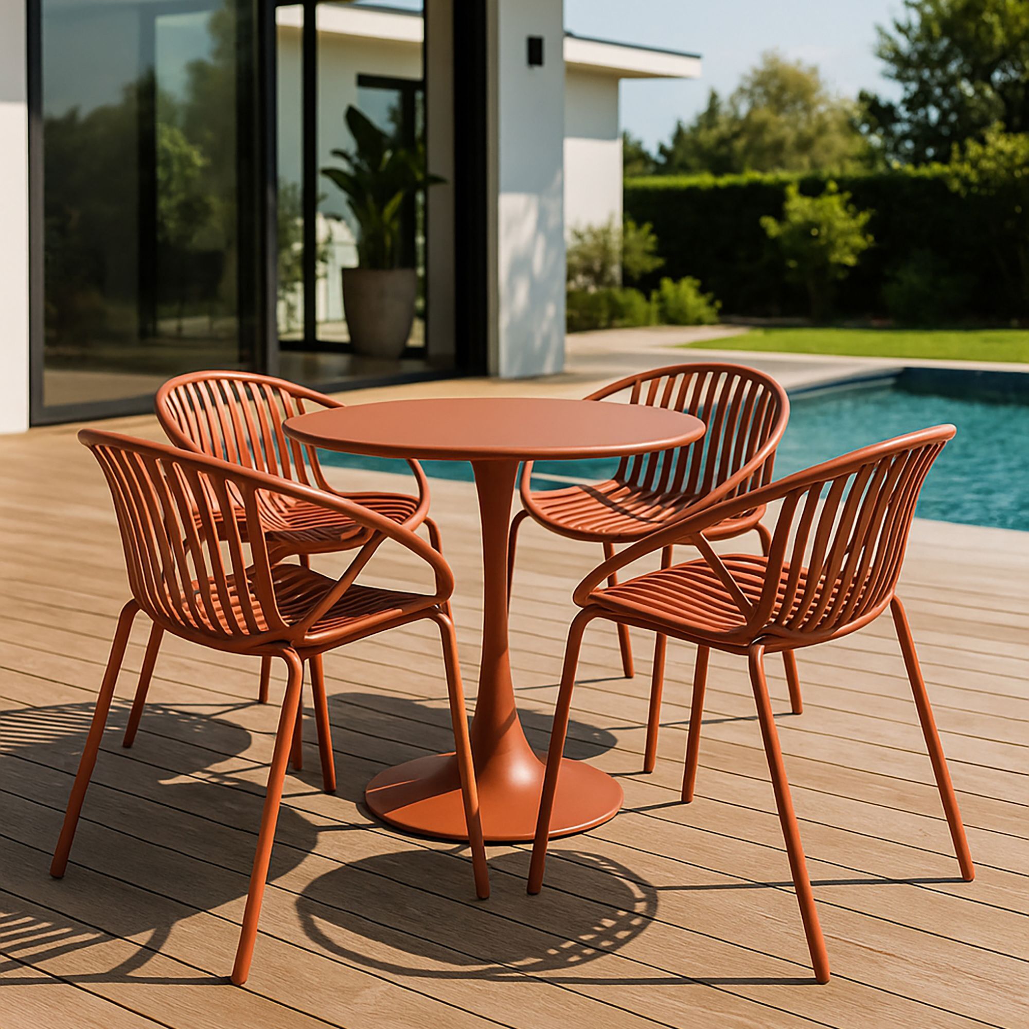 Ensemble de repas table et 4 fauteuils en polypropylène brique CALYPSO