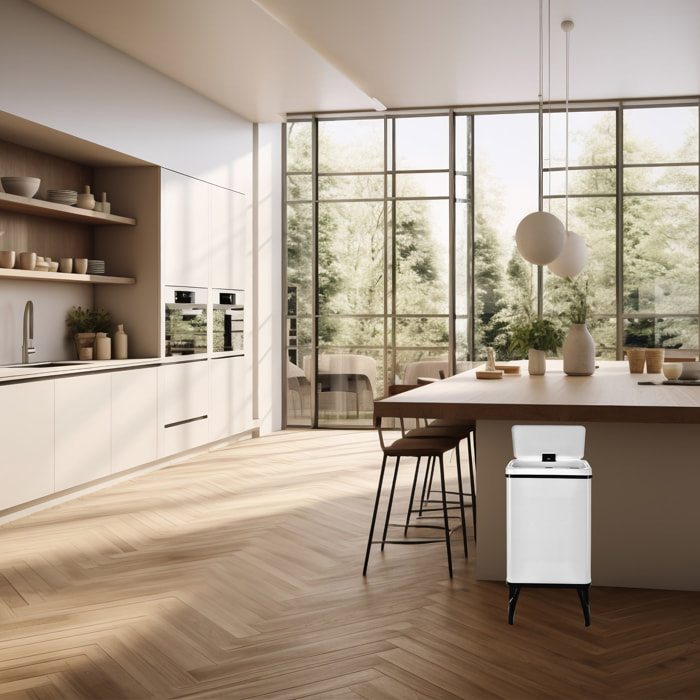 Cubo de basura inteligente con apertura automática y contacto manual en color blanco