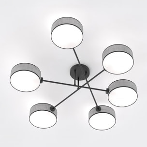 Lampada a sospensione Maga a sei bracci in acciaio nero e tessuto grigio