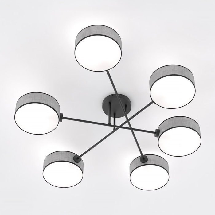 Lampada a sospensione Maga a sei bracci in acciaio nero e tessuto grigio