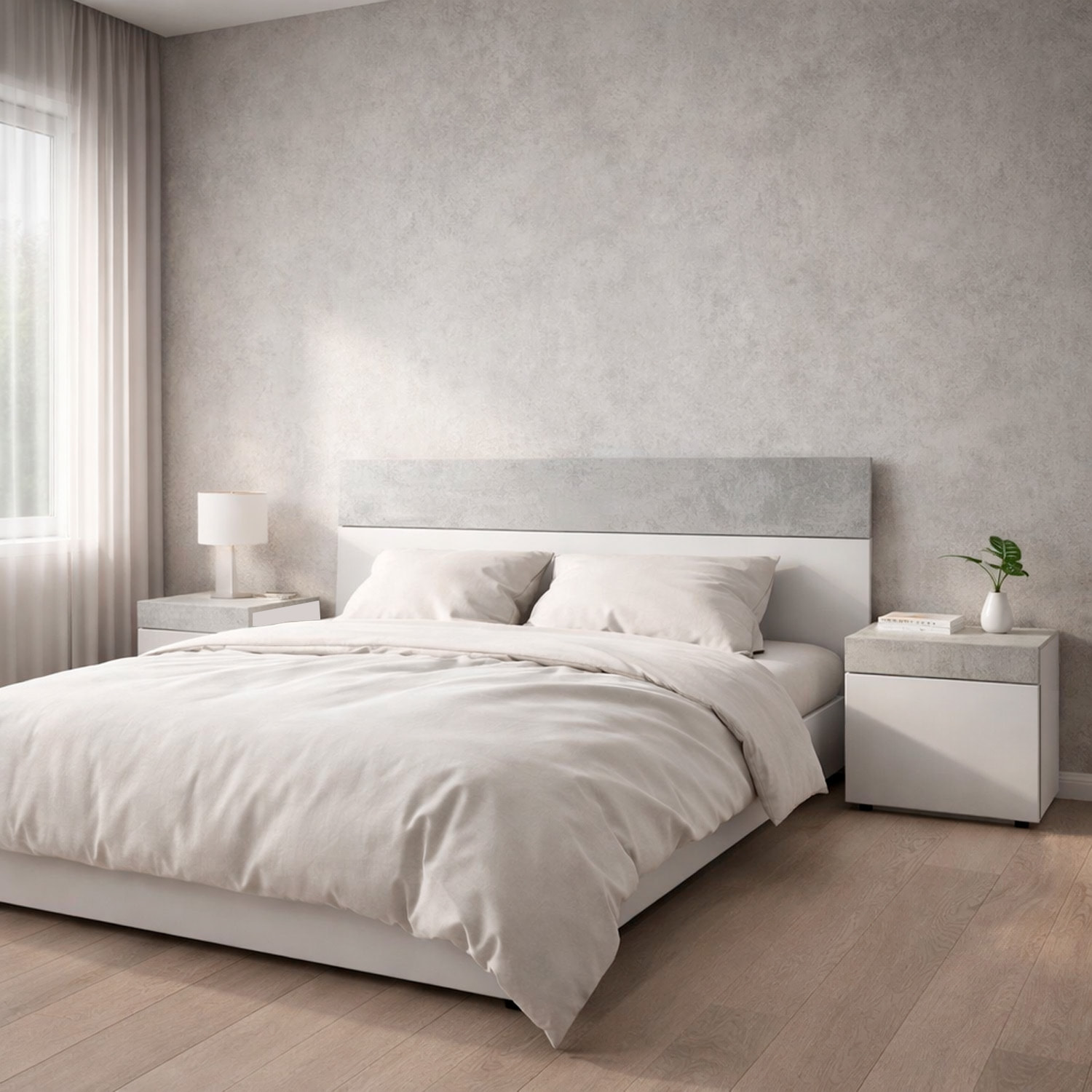 Testiera Letto Matrimoniale Con 2 Comodini Da 1 Cassetto E Guide Metalliche Design Moderno Minimal 276 x 94 x 40 Cm Colore Bianco E Grigio Cemento