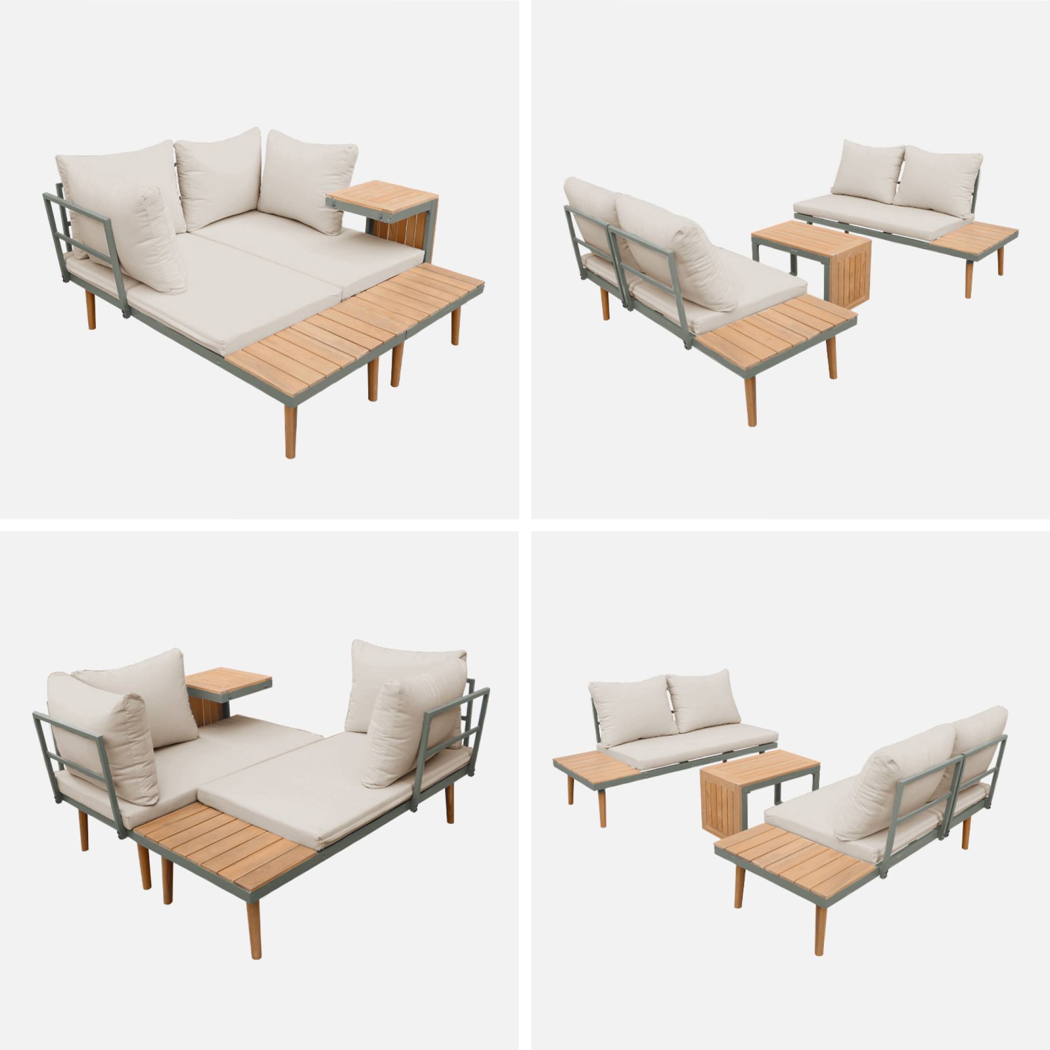 Salon de jardin kaki foncé. modulable en aluminium et bois d'acacia. 4 places. Sao Paulo.140 x 68 x 65cm